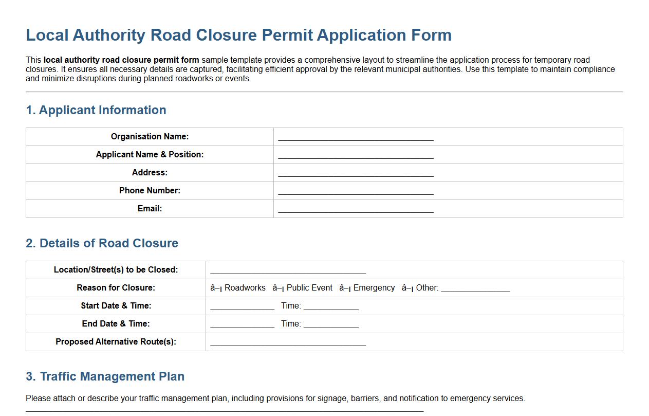 local authority road closure permit form sample template image preview