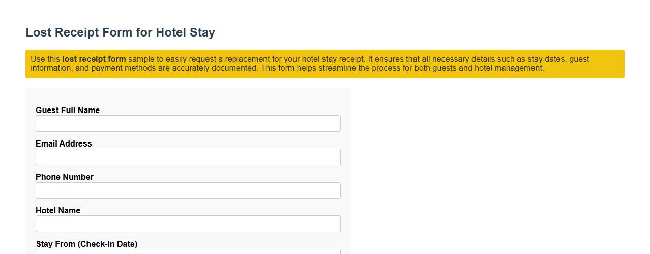 lost receipt form sample for hotel stay image preview