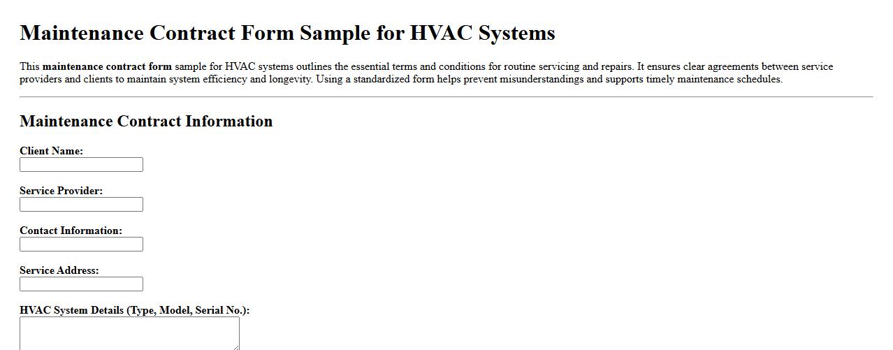 Maintenance contract form sample for HVAC systems image preview