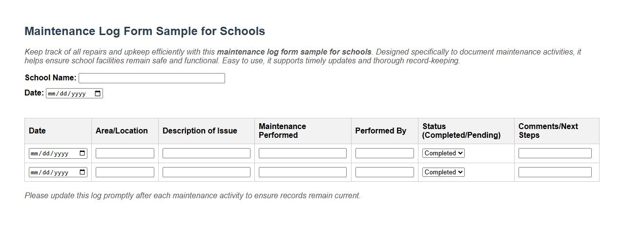 maintenance log form sample for schools image preview