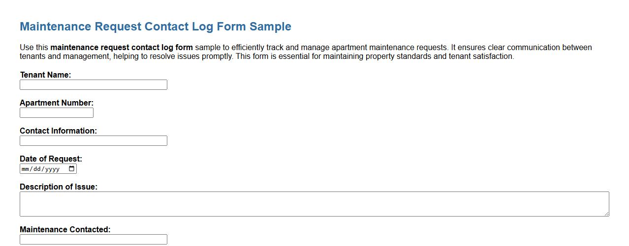 Maintenance request contact log form sample for apartments image preview