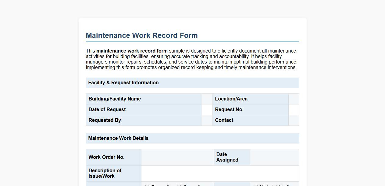 maintenance work record form sample for building facilities image preview
