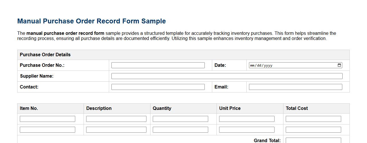 Manual purchase order record form sample for inventory tracking image preview