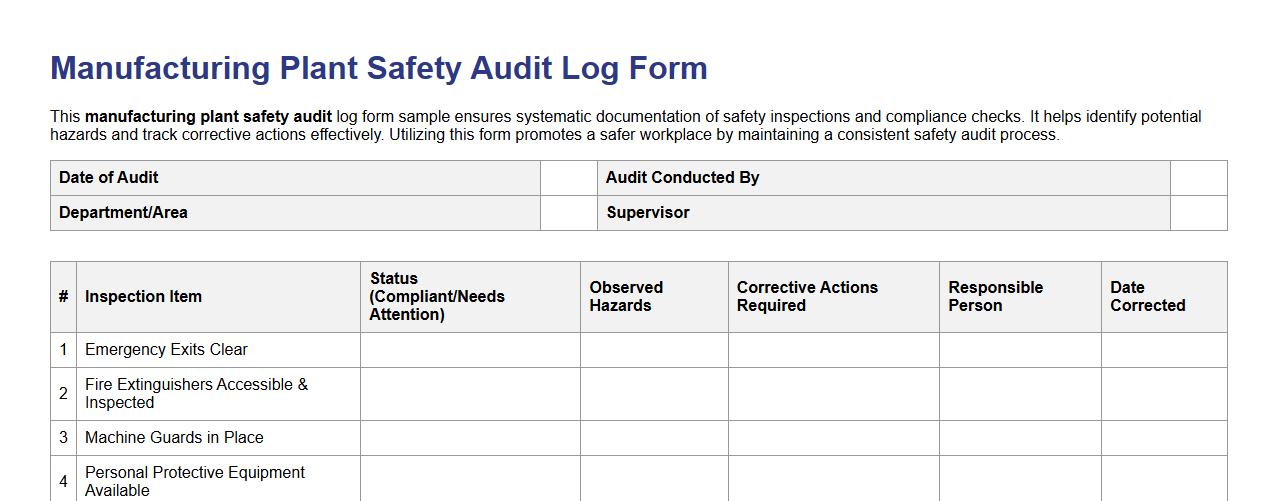 manufacturing plant safety audit log form sample image preview