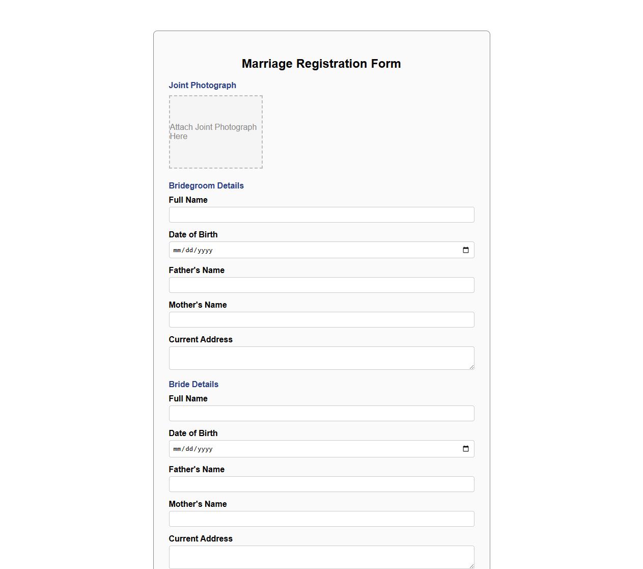 Marriage registration form sample including joint photograph image preview