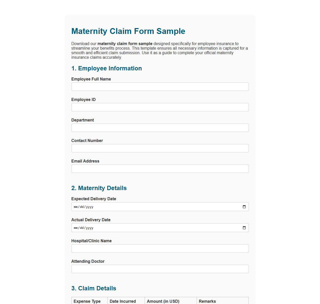 Maternity claim form sample for employee insurance image preview
