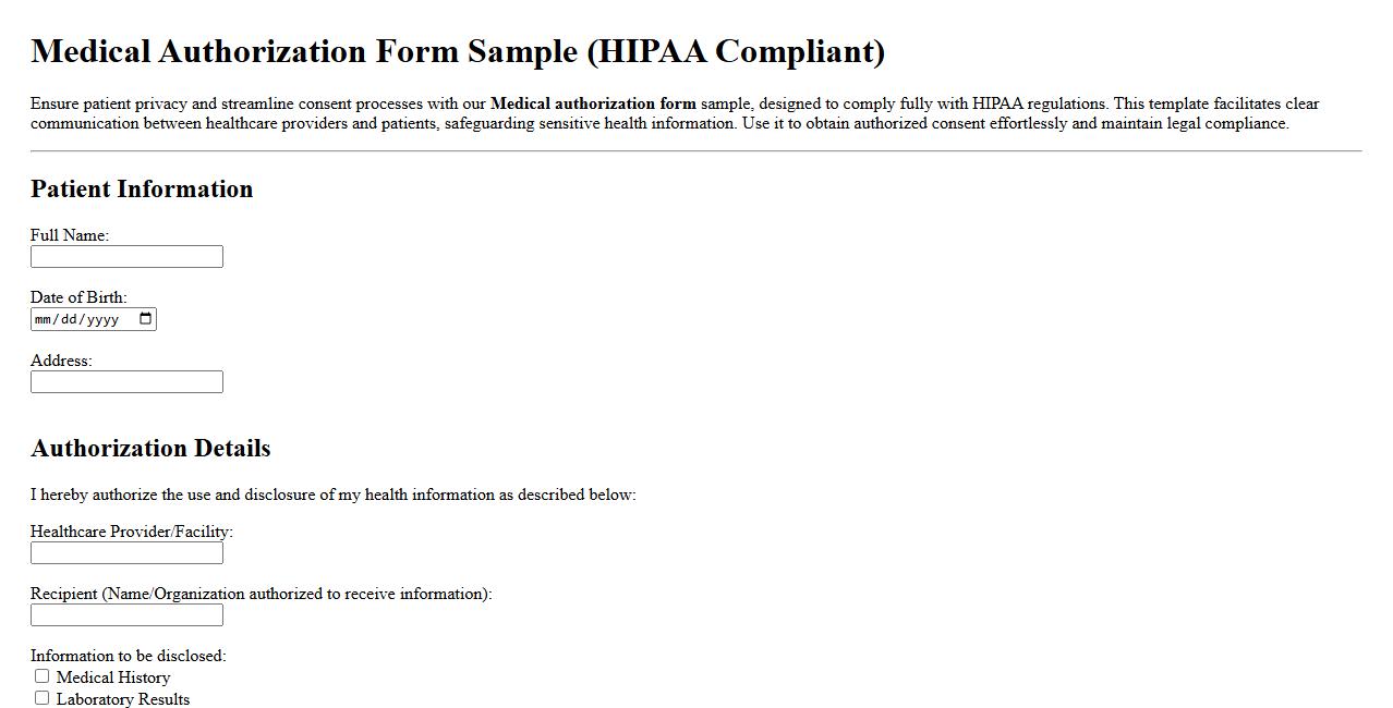 Medical authorization form sample with HIPAA compliance image preview