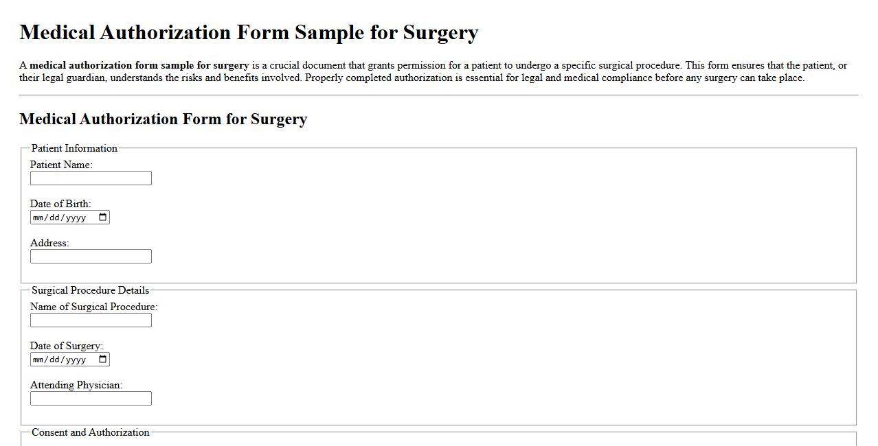 Medical authorization form sample for surgery image preview