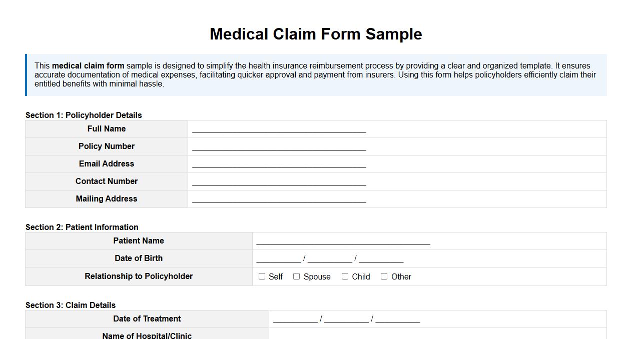 Medical claim form sample for health insurance reimbursement image preview