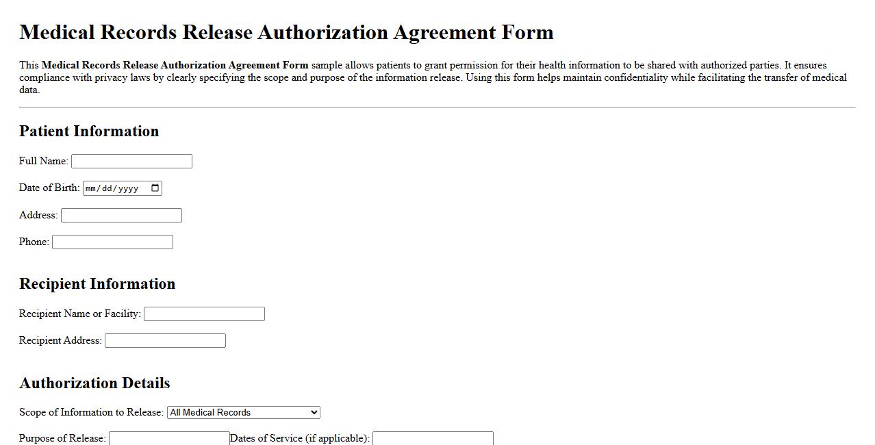 Medical records release authorization agreement form sample image preview