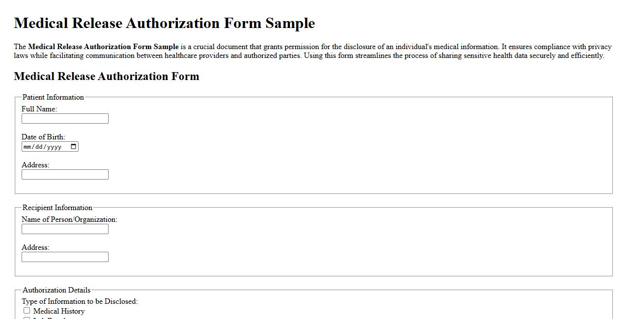 Medical Release Authorization Form Sample image preview