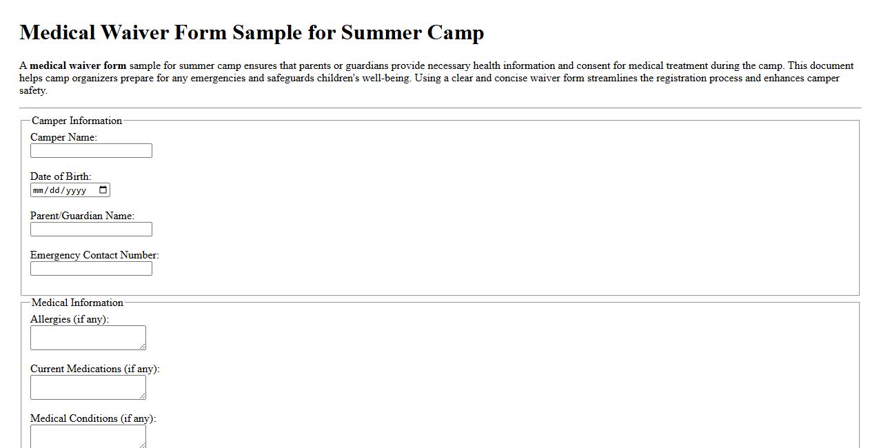 Medical waiver form sample for summer camp image preview