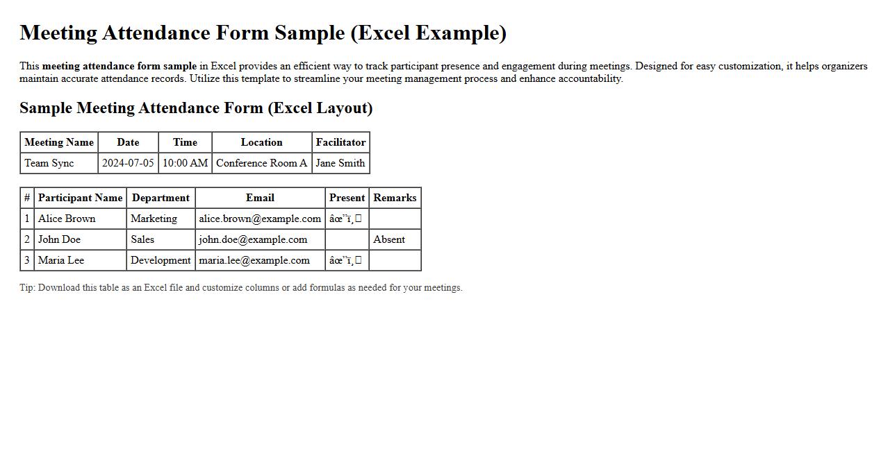 meeting attendance form sample excel example image preview