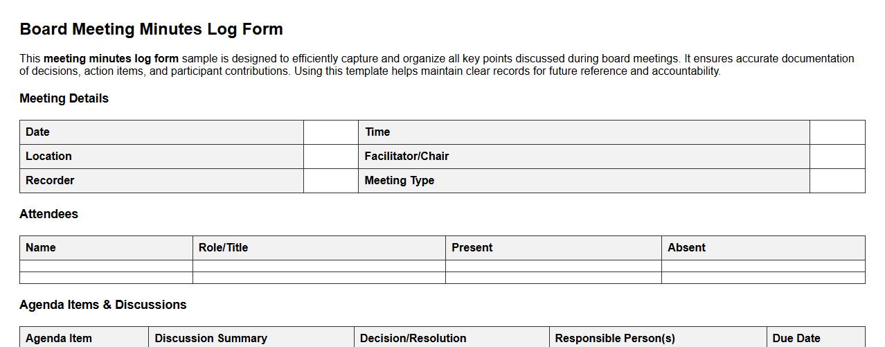 Meeting minutes log form sample for board meetings image preview