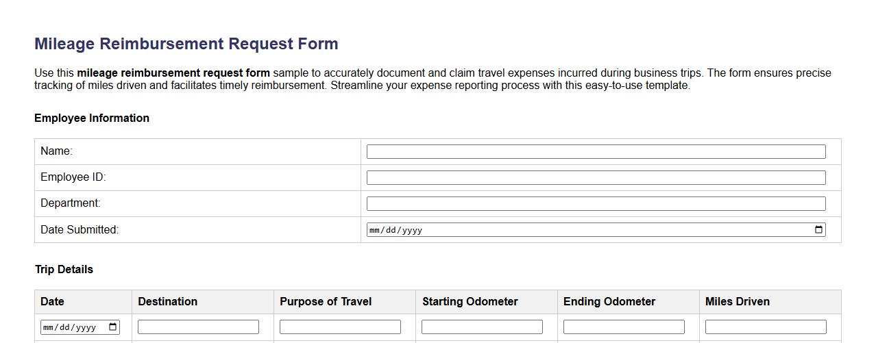 mileage reimbursement request form sample image preview