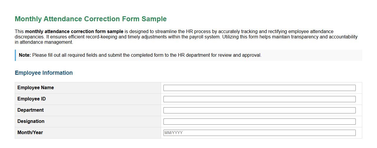 monthly attendance correction form sample for HR image preview