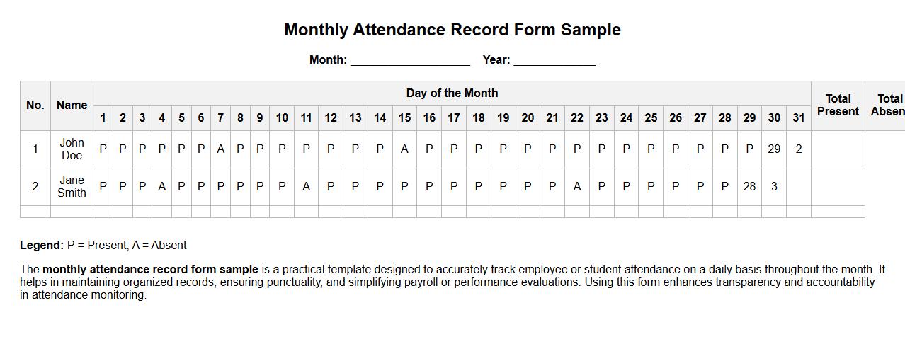 monthly attendance record form sample image preview