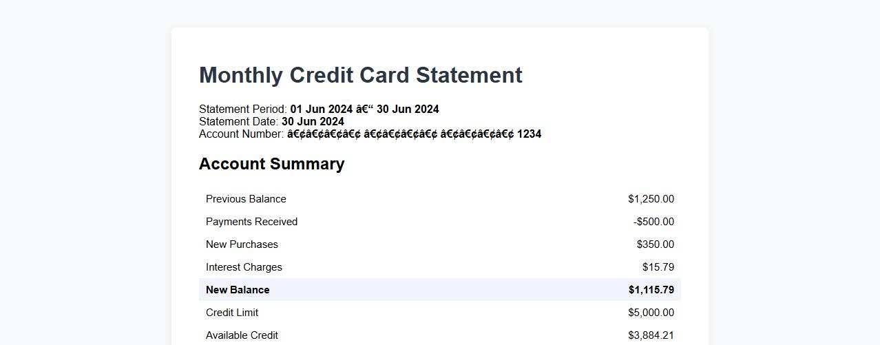 monthly credit card statement form sample example image preview