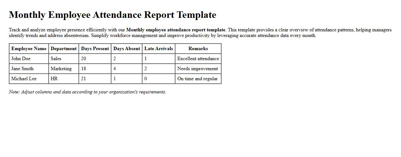 Monthly employee attendance report template image preview
