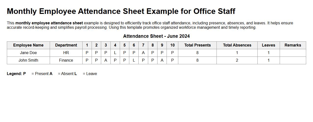 Monthly employee attendance sheet example for office staff image preview