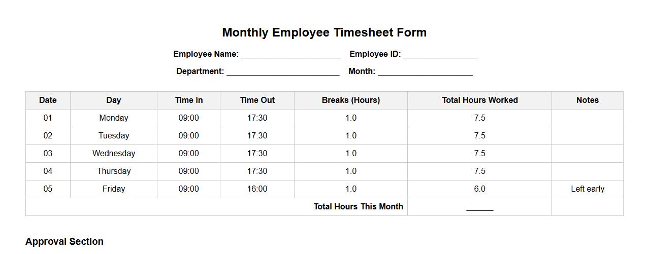 Monthly employee timesheet form sample with approval section image preview