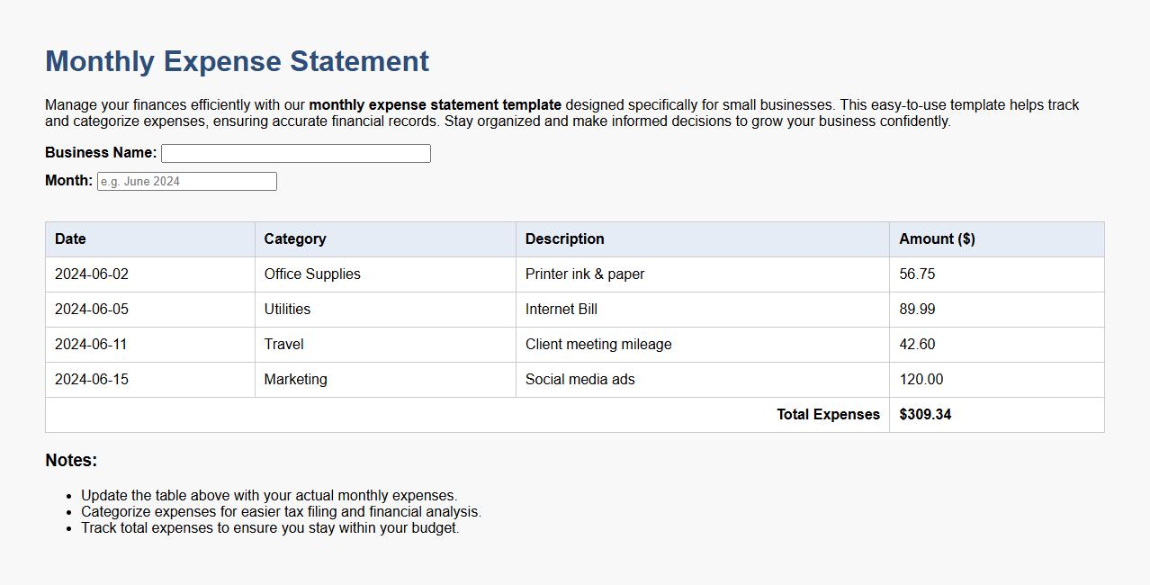 monthly expense statement template for small business image preview