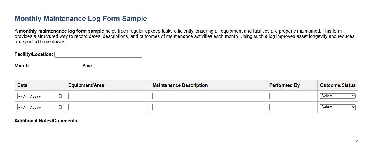 monthly maintenance log form sample image preview