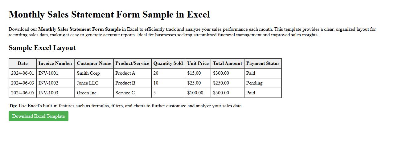 Monthly sales statement form sample in Excel image preview