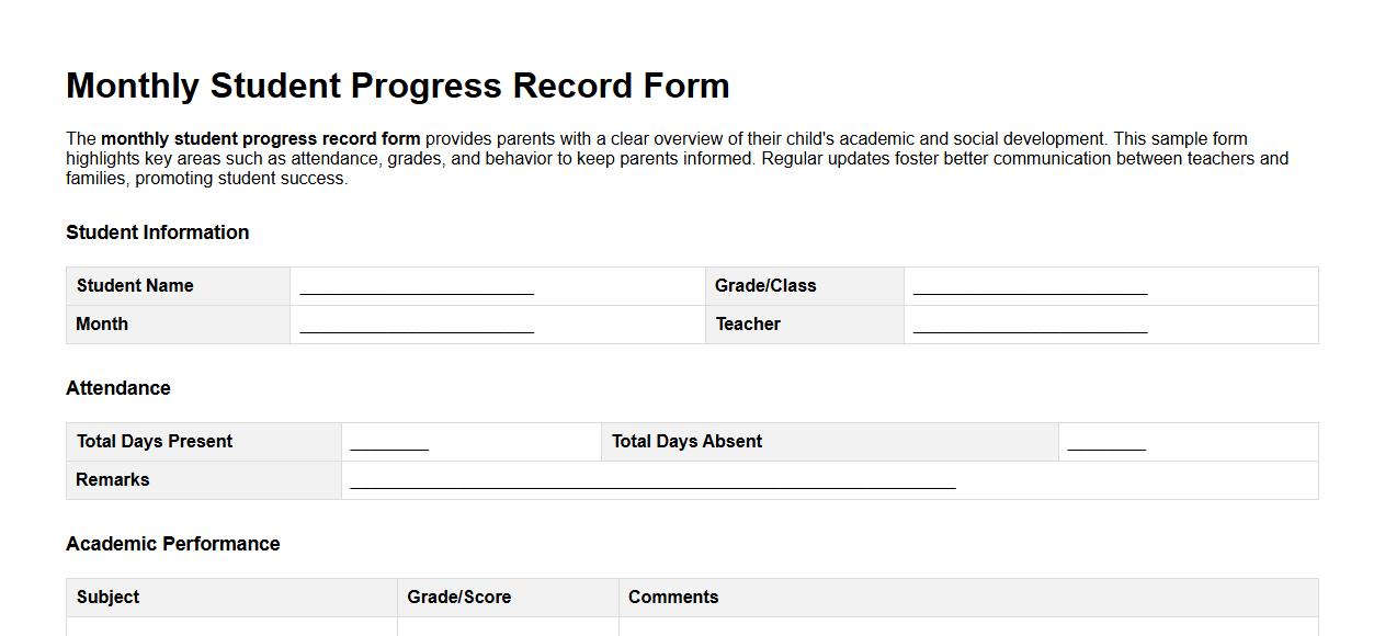Monthly student progress record form sample for parents image preview