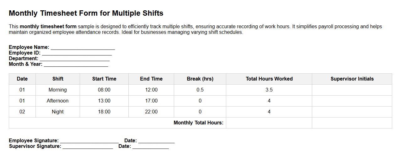 Monthly timesheet form sample for multiple shifts image preview