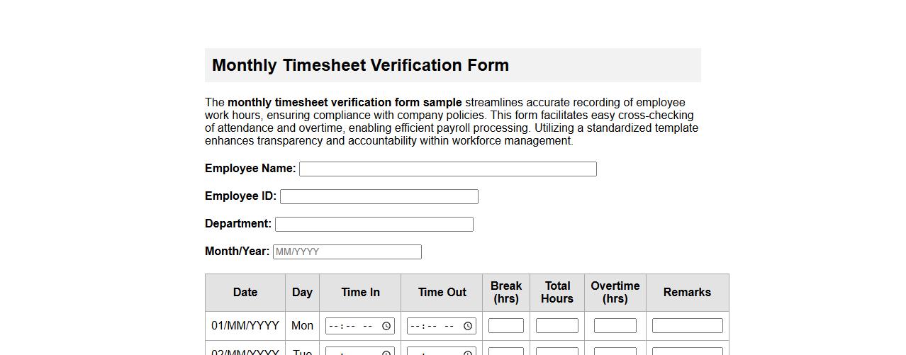 monthly timesheet verification form sample image preview
