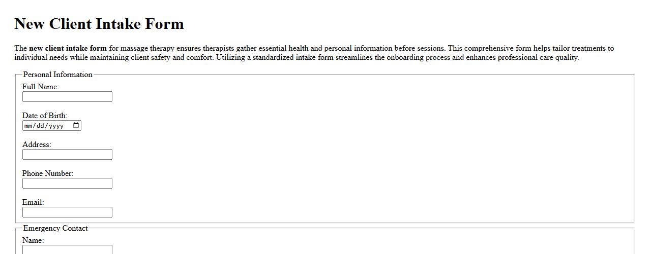 New client intake form sample for massage therapy image preview