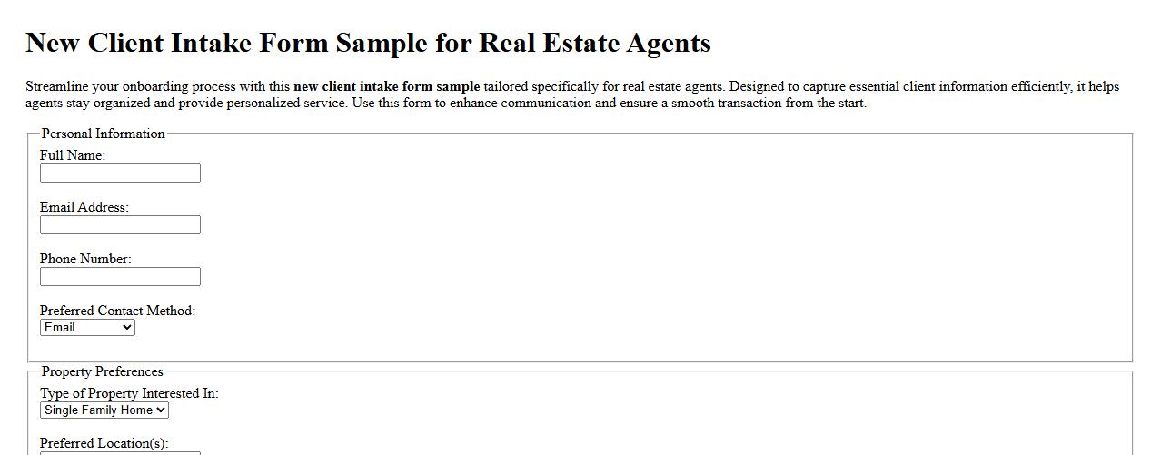 New client intake form sample for real estate agents image preview