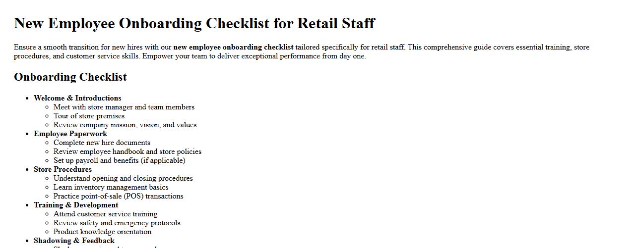 New employee onboarding checklist for retail staff image preview