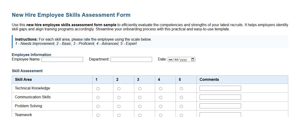 new hire employee skills assessment form sample image preview