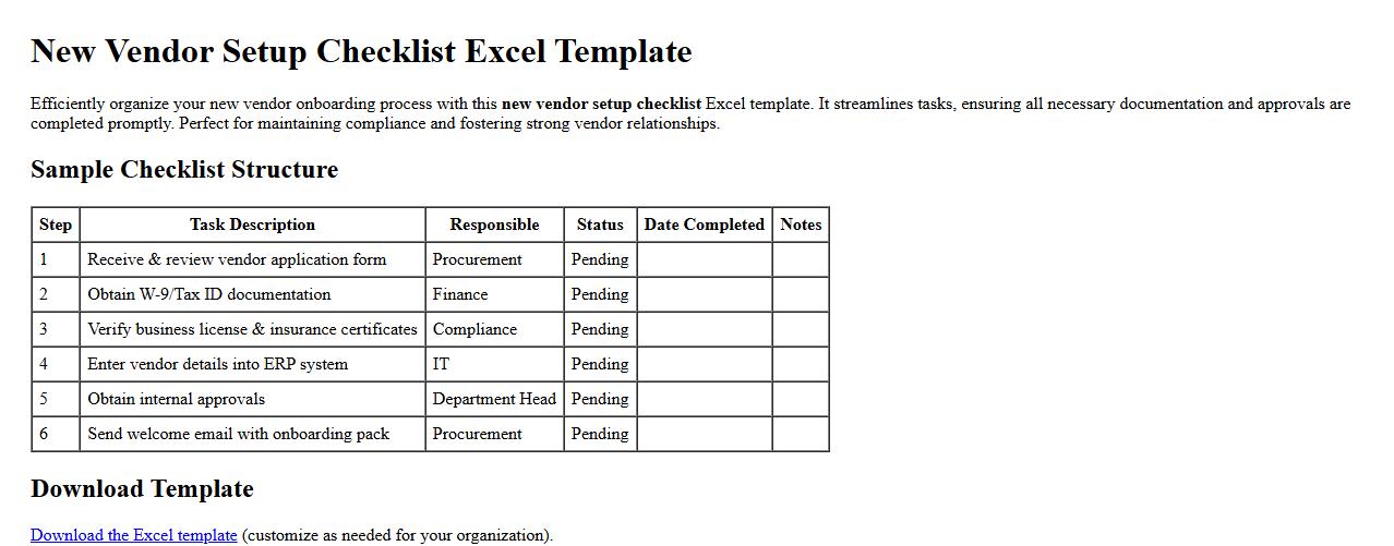 new vendor setup checklist excel template image preview