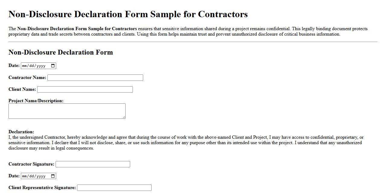 Non-Disclosure Declaration Form Sample for Contractors image preview