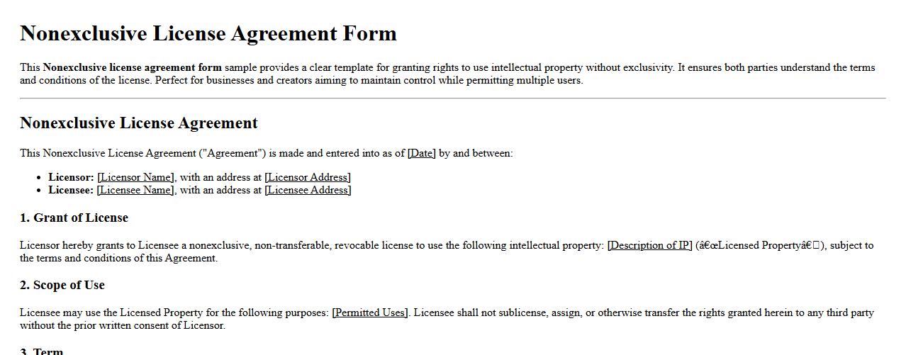 Nonexclusive license agreement form sample for use image preview