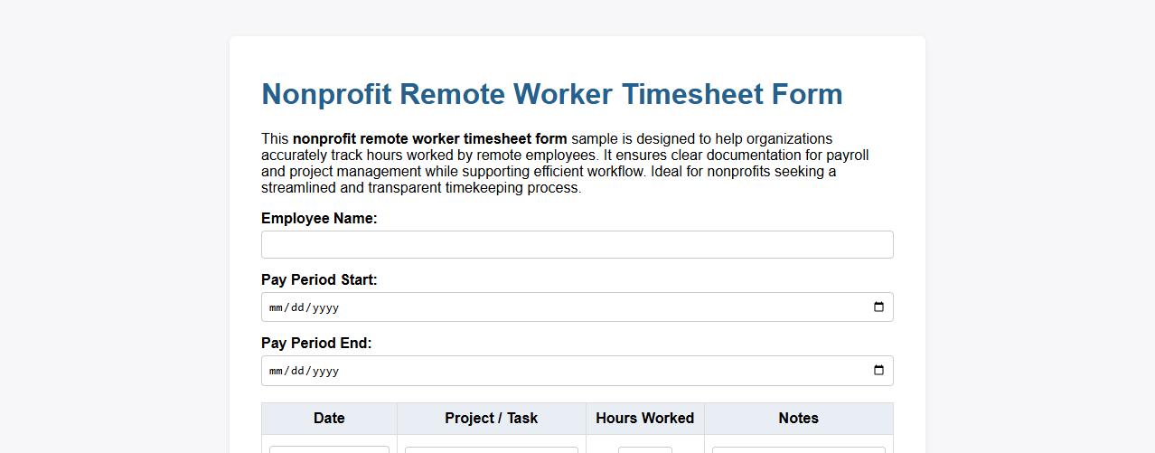 Nonprofit remote worker timesheet form sample image preview