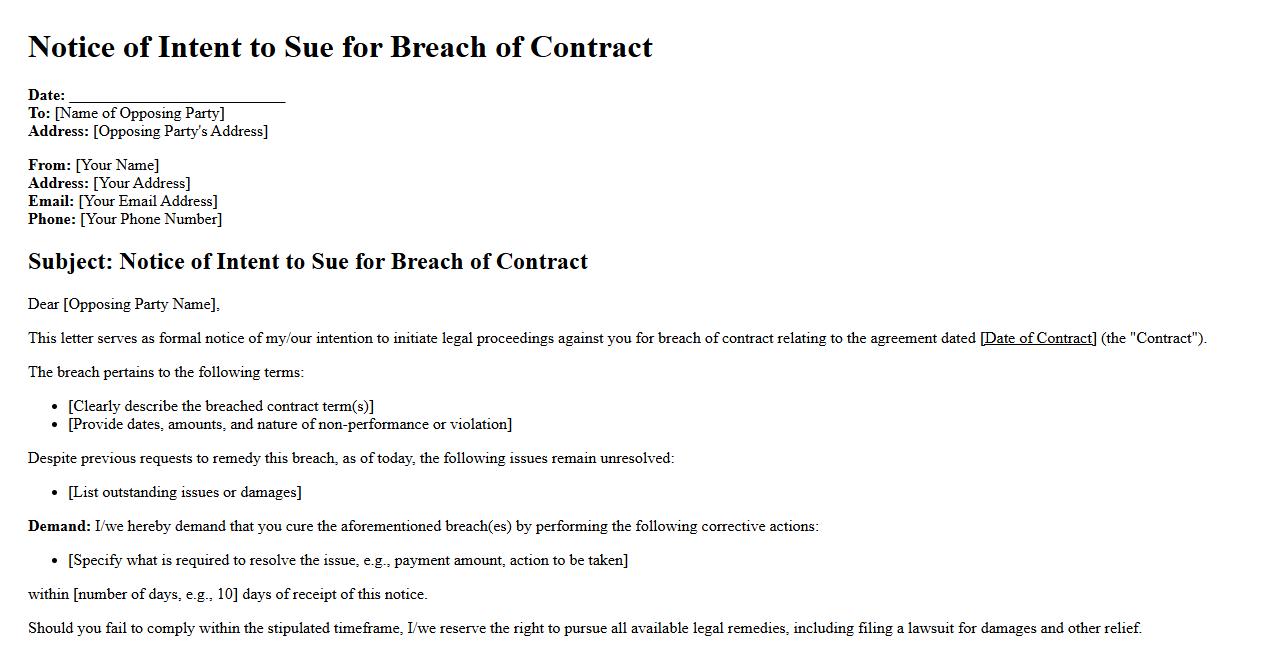 Notice of Intent to Sue form sample for breach of contract image preview