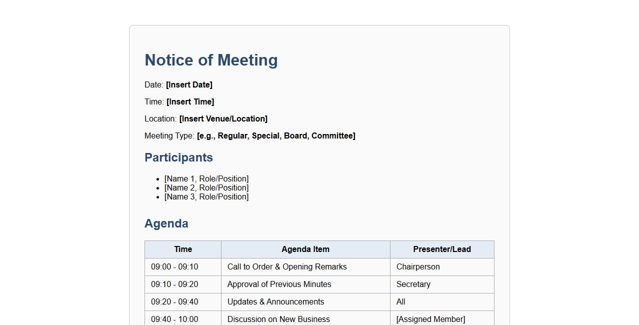 notice of meeting form sample with agenda included image preview