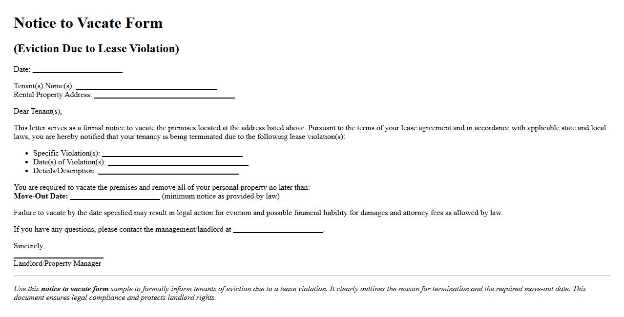 Notice to vacate form sample for eviction due to lease violation image preview