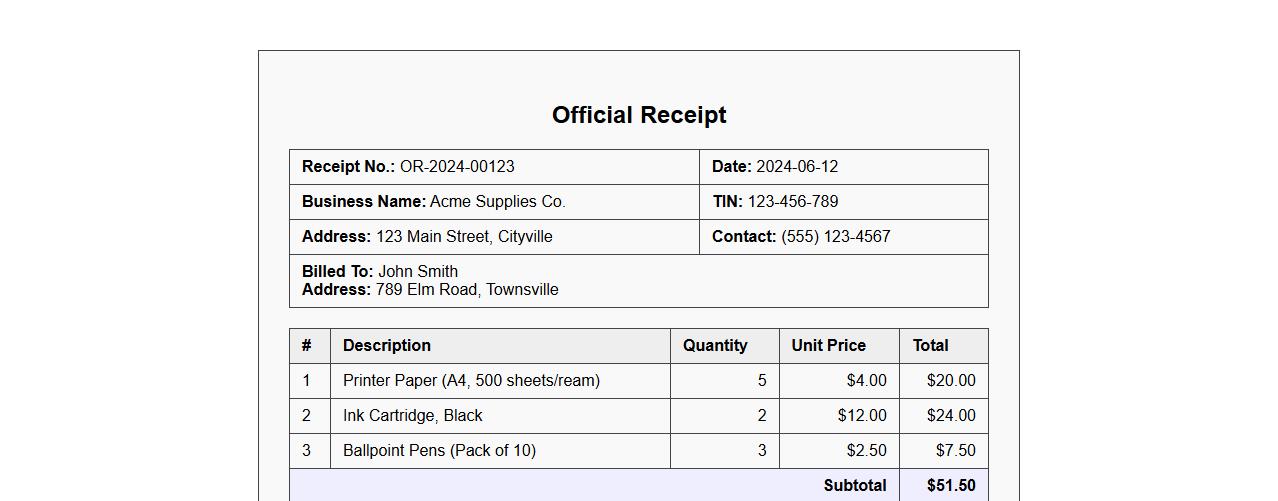 official receipt form sample with itemized breakdown image preview