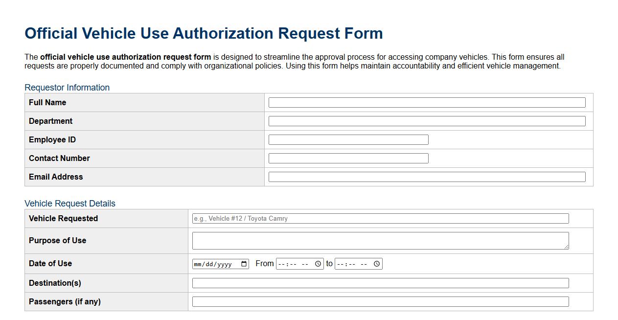 official vehicle use authorization request form image preview