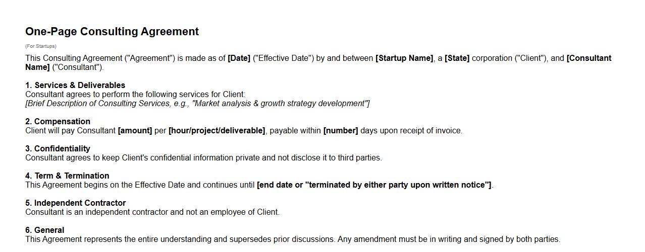 one-page consulting agreement form sample for startups image preview