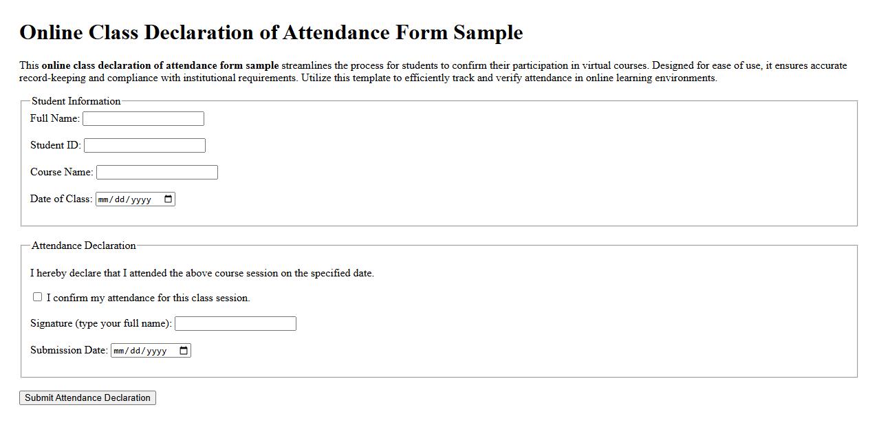 Online class declaration of attendance form sample image preview
