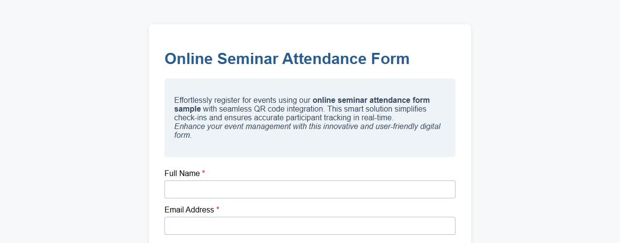 online seminar attendance form sample with QR code integration image preview