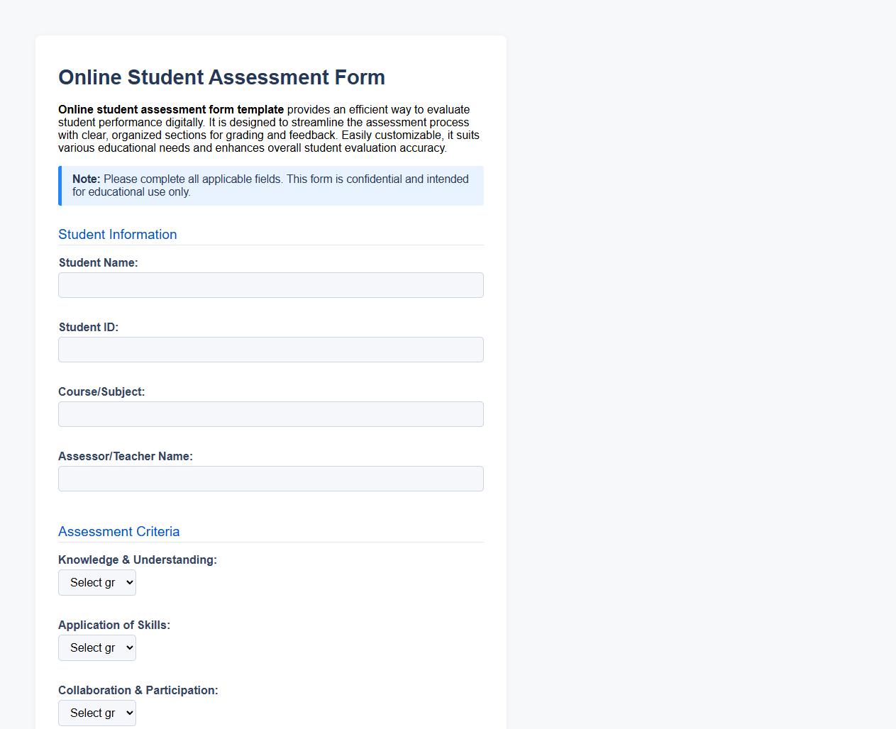 Online student assessment form sample template image preview