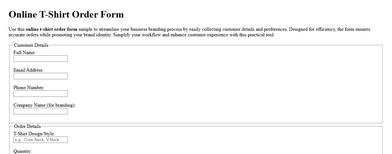 online t-shirt order form sample for business branding image preview