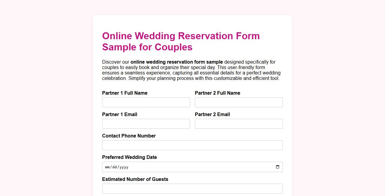 Online wedding reservation form sample for couples image preview